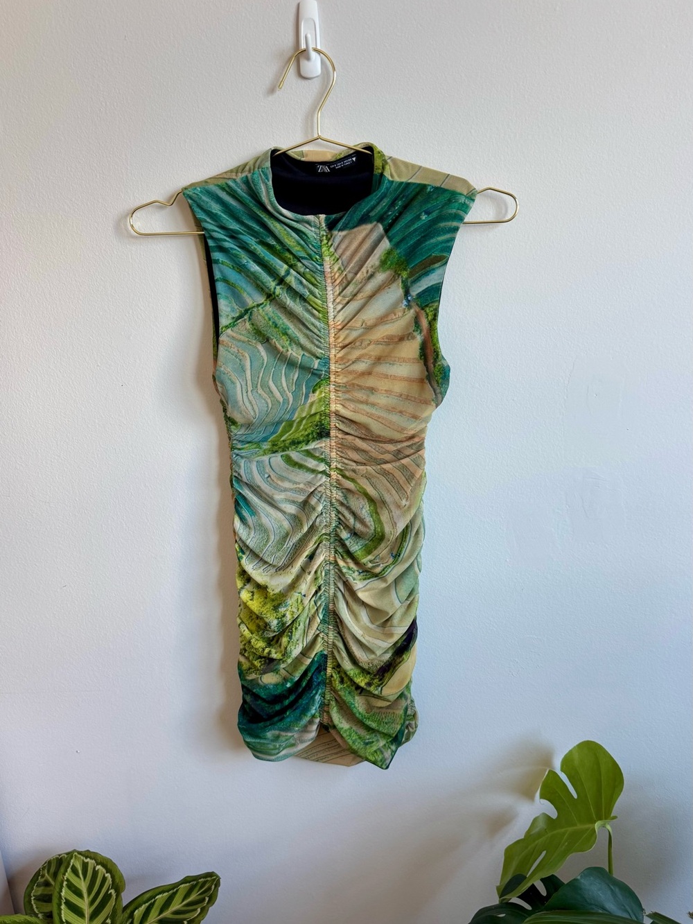 Zara Green & Cream Ruched Sleeveless Mini Dress